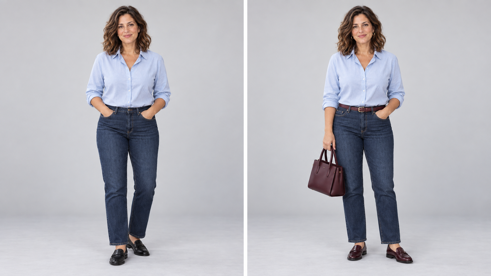 La même femme portant une chemise bleu ciel et un jean : à gauche avec des mocassins noirs, à droite avec un sac, une ceinture et des mocassins bordeaux.