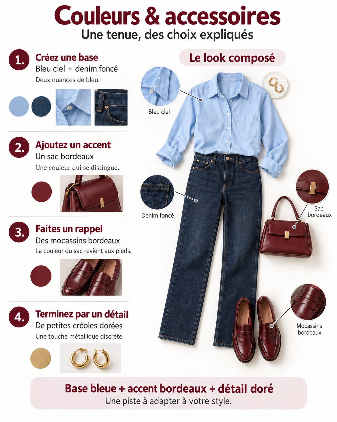 Exemple de fiche : choisir une base bleu ciel et denim, ajouter un sac bordeaux, rappeler la couleur dans les mocassins, puis ajouter des créoles dorées.